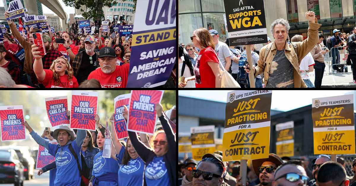 four images of separate workers strikes happening now: UAW, SAG Actors, Healthcare, and UPS (SETTLED)