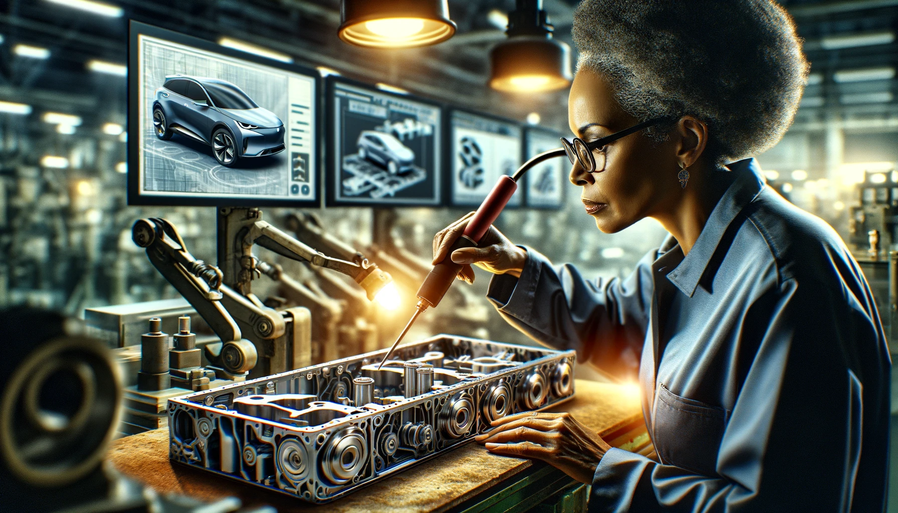 afridan american woman, middle age, works on an ev battery in a factory. the image has a golden hue. The woman has greyish black hair and a blue shirt.