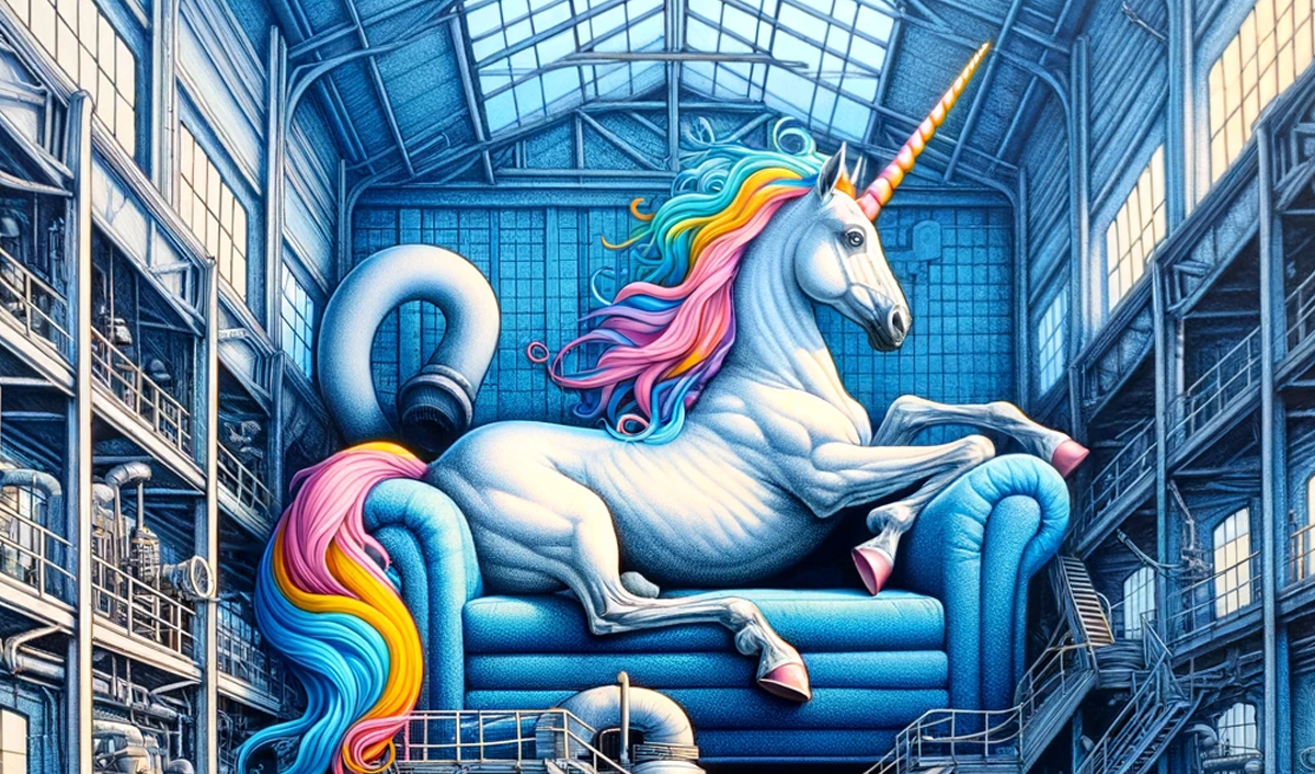 rainbow unicorn on a blue couch sitting in a factory----wish you could see this