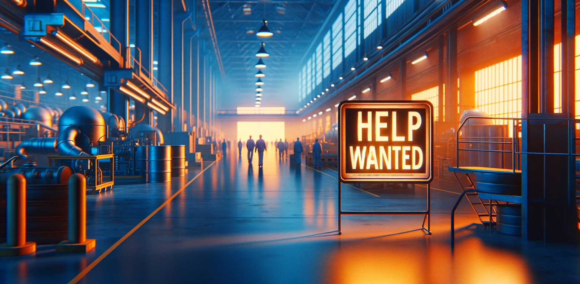 a sparsley populated factory in blue and orange tones. in the forefront is a help wanted sign.