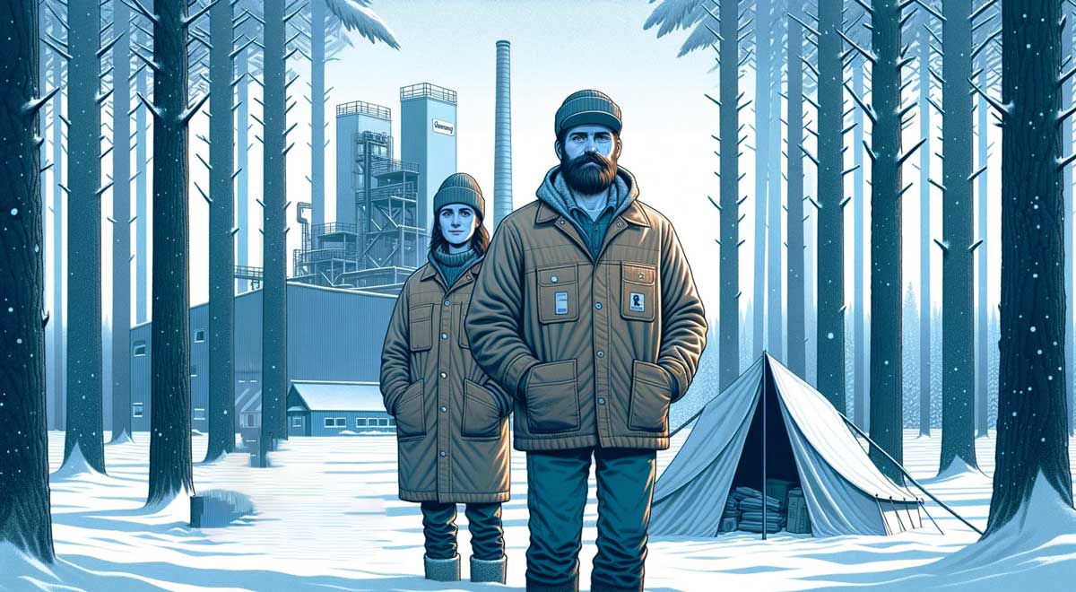 animated picture of a man and woman in the forest in teh snow living in a tent. they are wearing carhart jackets and in the background is afactory. blue and black tones dipict a cold life for the couple