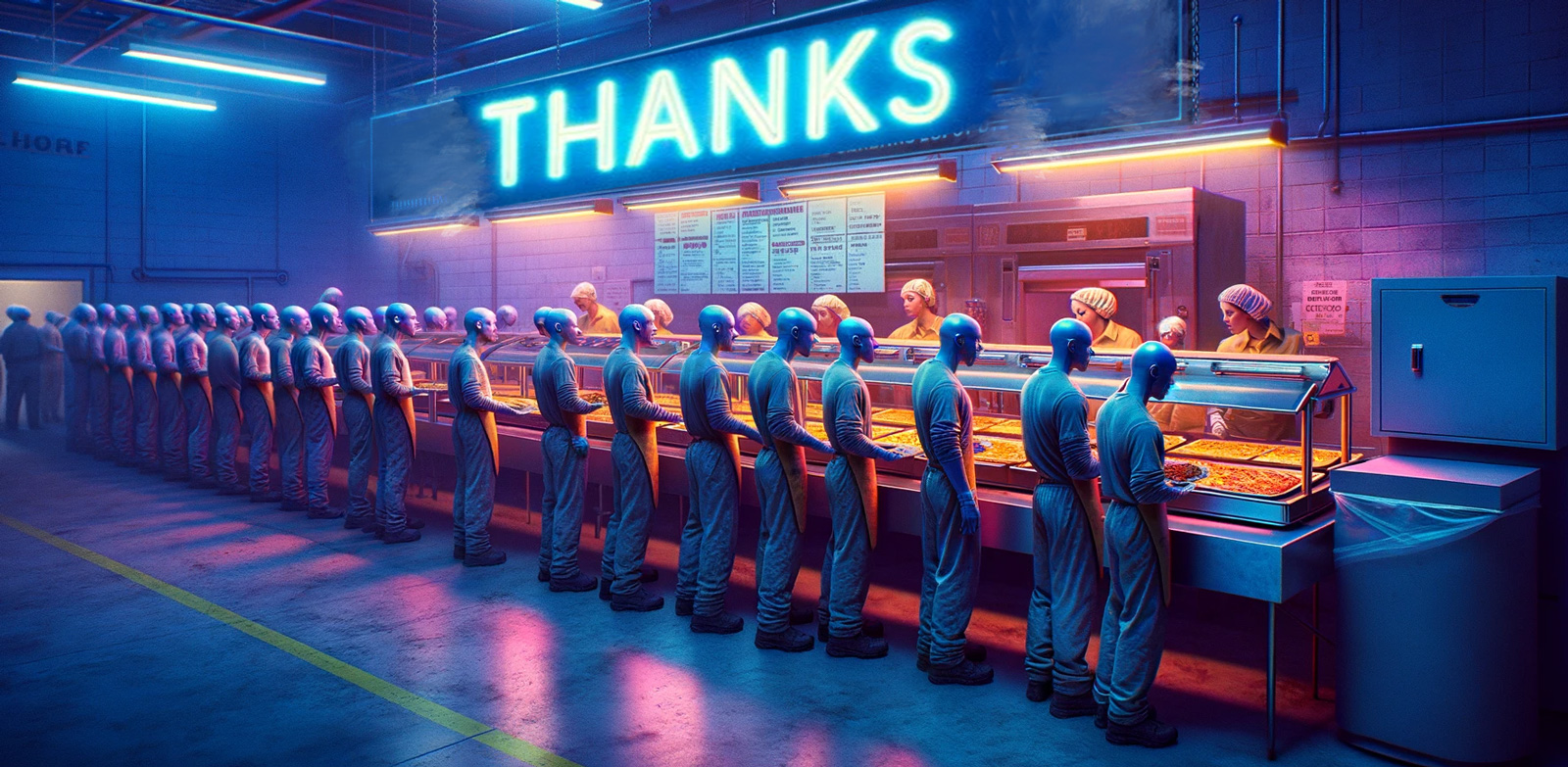 drone workers stand in a line in an employee breakroom. a dystopian look at the office pizza party
