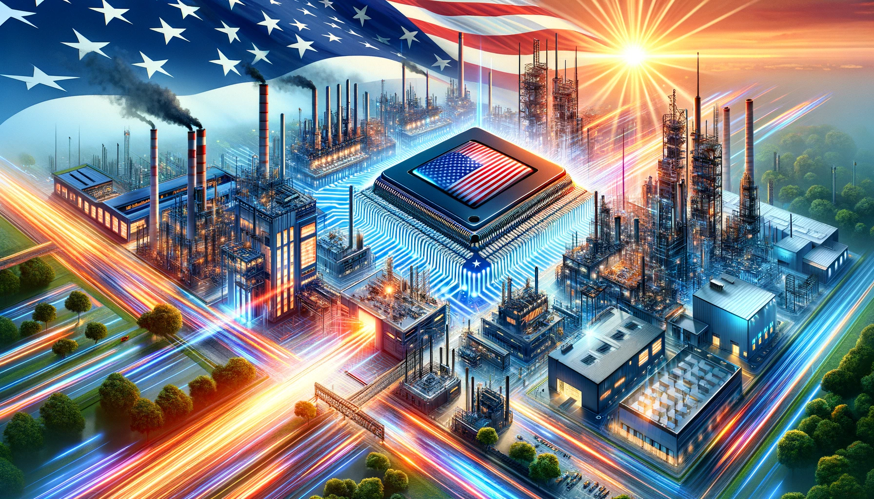 a microchip in the center of the action with an american flag imprinted on it. factories dot the landscape with light beams pointing inward