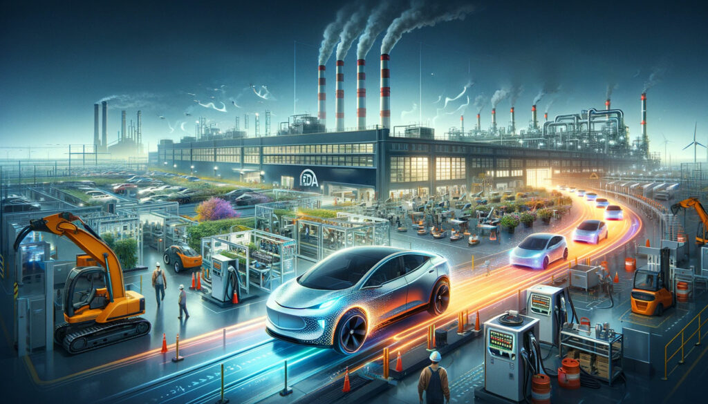 EV vehicles come off the line in a futuristic outdoor evening setting