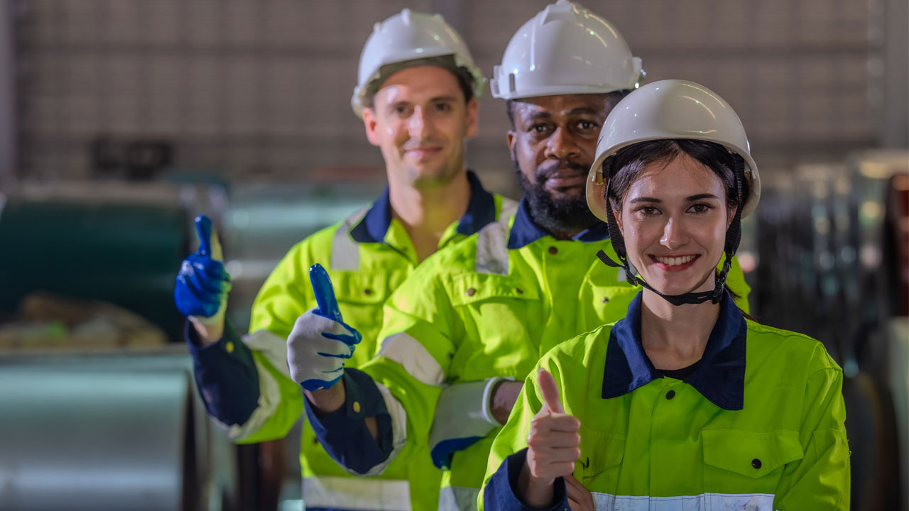 three workers in factory gear give a thumbs up in approval