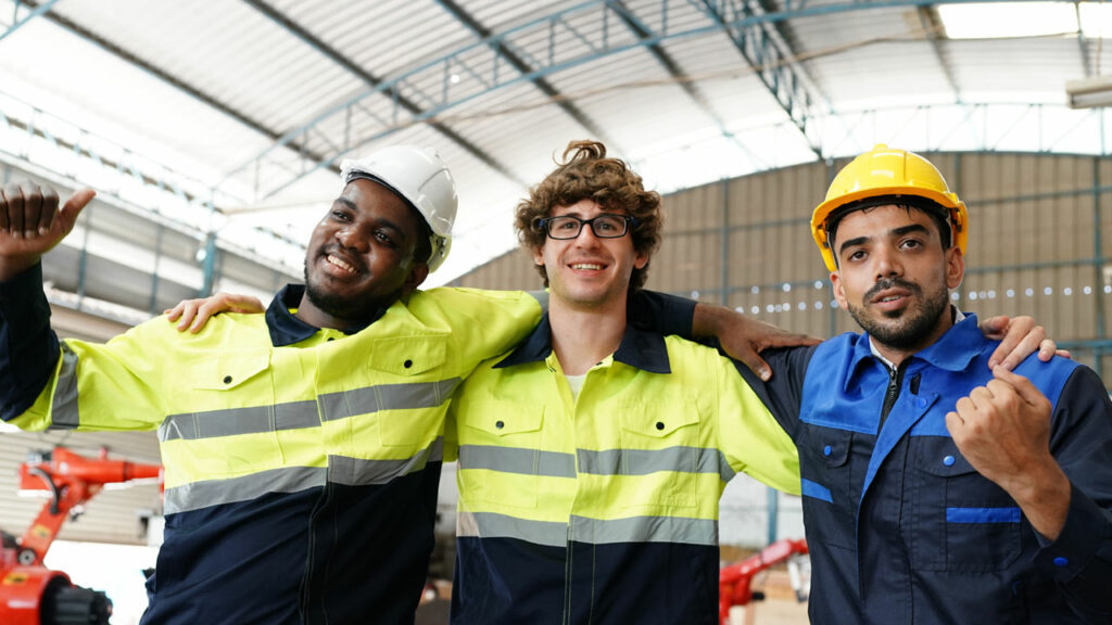 three men in a factory wearing factory gear all stand shoulder to shoulder in approval of their jobs. They seem happy.