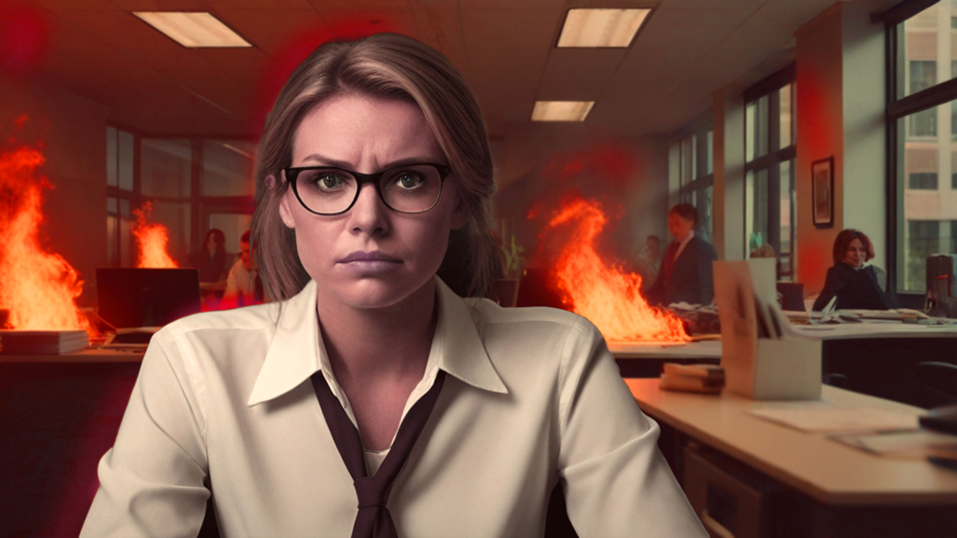 secretary sits in front of the office with fires and chaos reigning around her