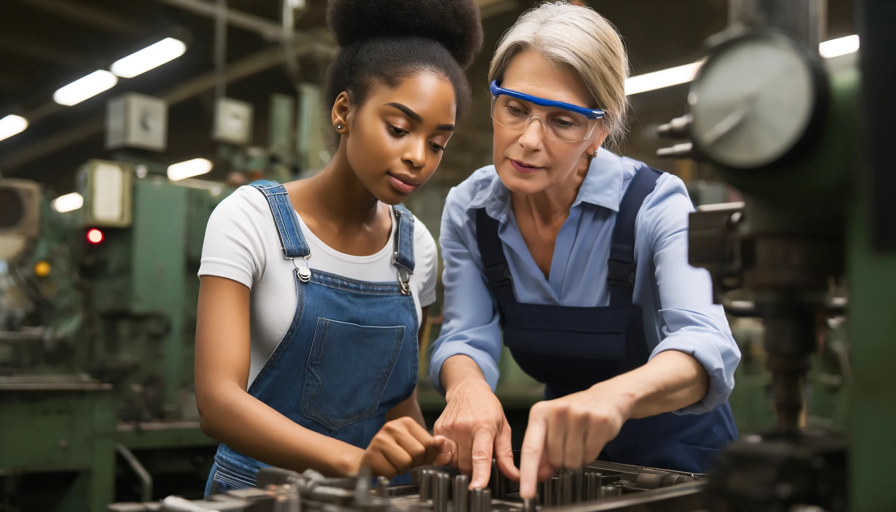 an older woman shows a young girl technical aspects of a manufacturing job.