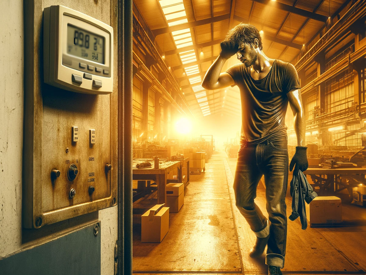 overheated factory worker in yellow tones. Temperature in factory is 90 degrees F