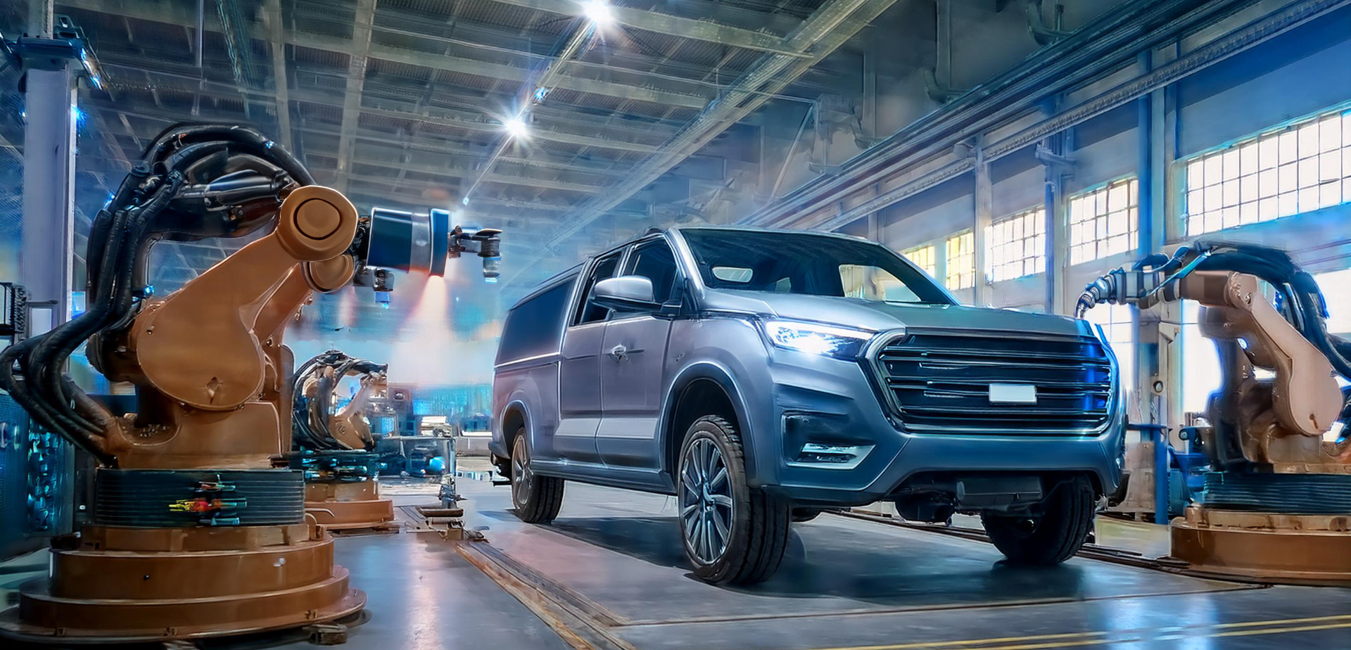 an electric truck rolls off the line. it is silver surrounded by auto worker robots