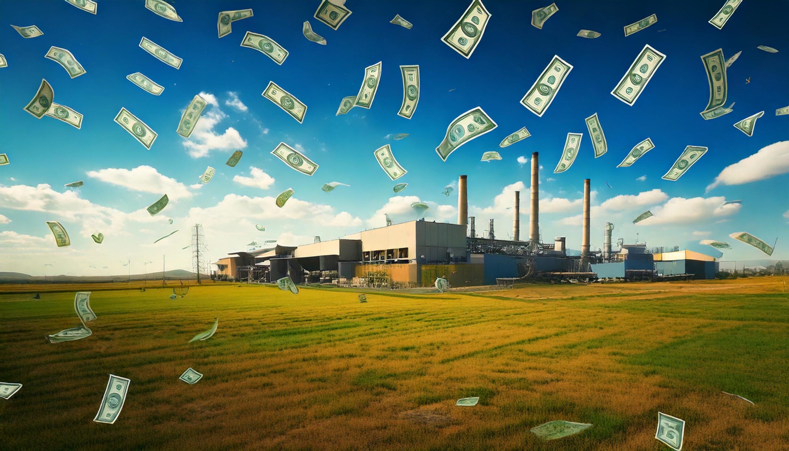16-x-9-image-of-a-factory-in-an-outdoor-setting-with-nothing-but-empty-fields-and money is raining down on the factory