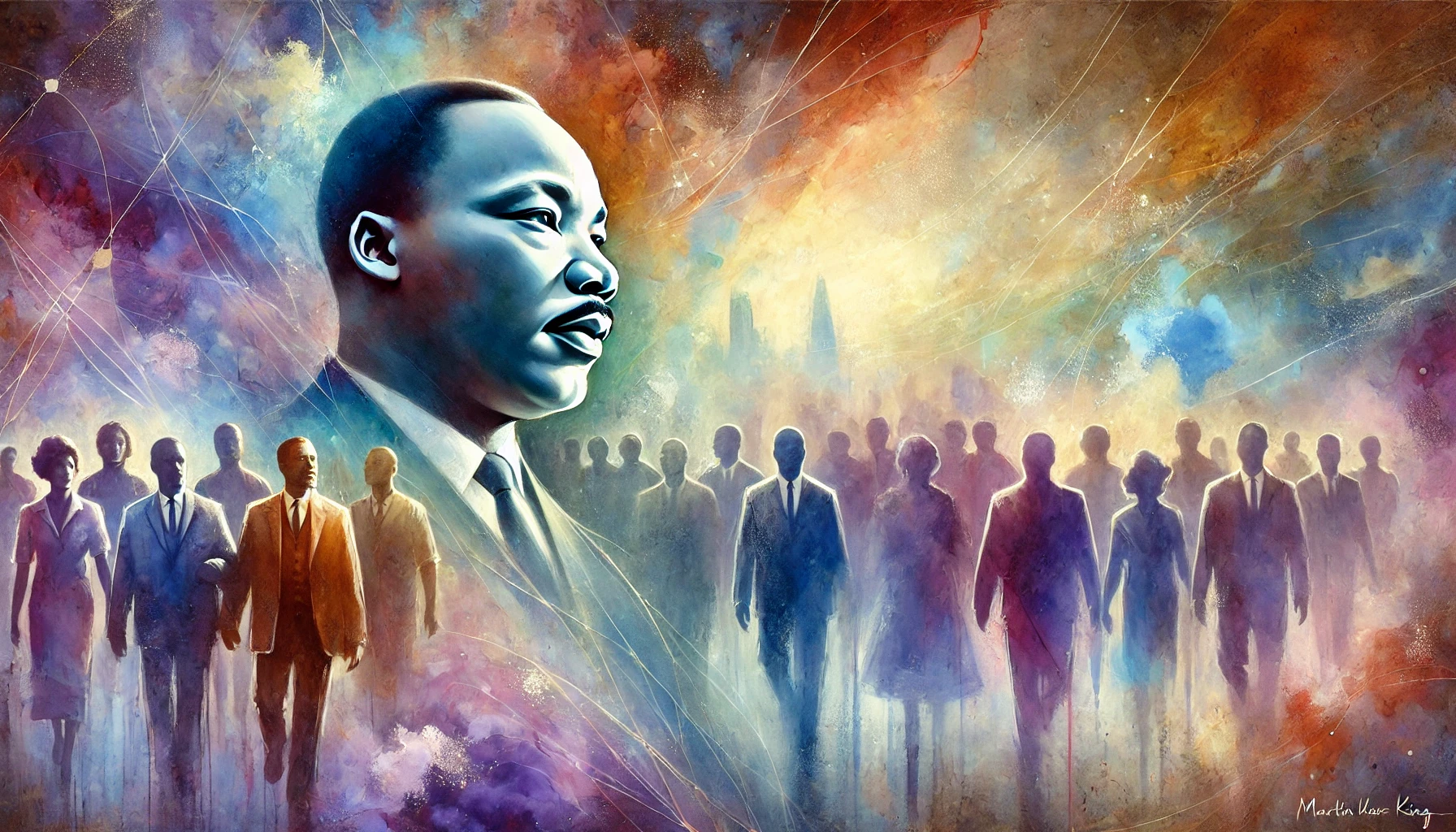A vibrant, abstract watercolor portrait of Dr. Martin Luther King Jr. standing at the forefront, rendered in flowing, soft brushstrokes. Behind him, a diverse group of followers is suggested through overlapping silhouettes and translucent hues. Gentle blues, purples, and warm earth tones dominate the composition, blending together in an ethereal wash that conveys unity, hope, and forward momentum. Light breaks through in soft bursts, symbolizing inspiration and the enduring spirit of Dr. King’s message.