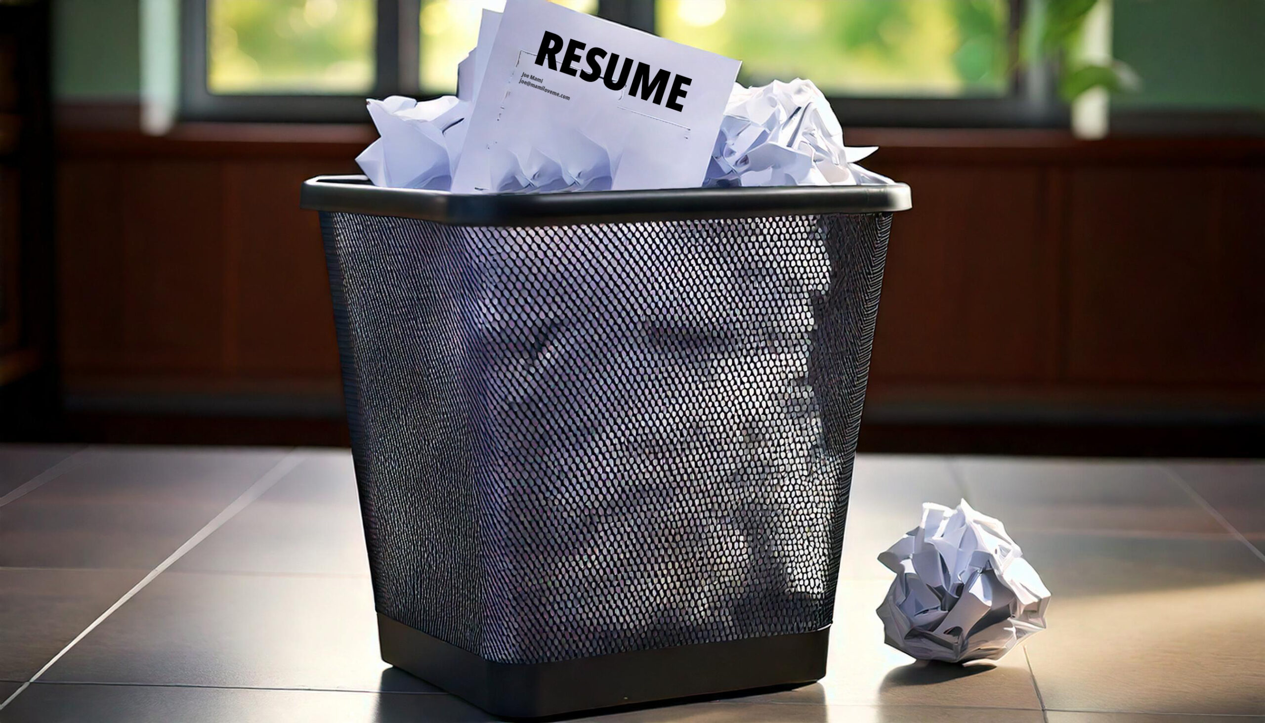 A 16:9 aspect ratio office scene focusing on a simple wastebasket filled with crumpled pieces of paper. The papers are resumes, visibly showing text and formatting typical of resumes, indicating they are from people. The scene should clearly convey the concept of resumes being discarded