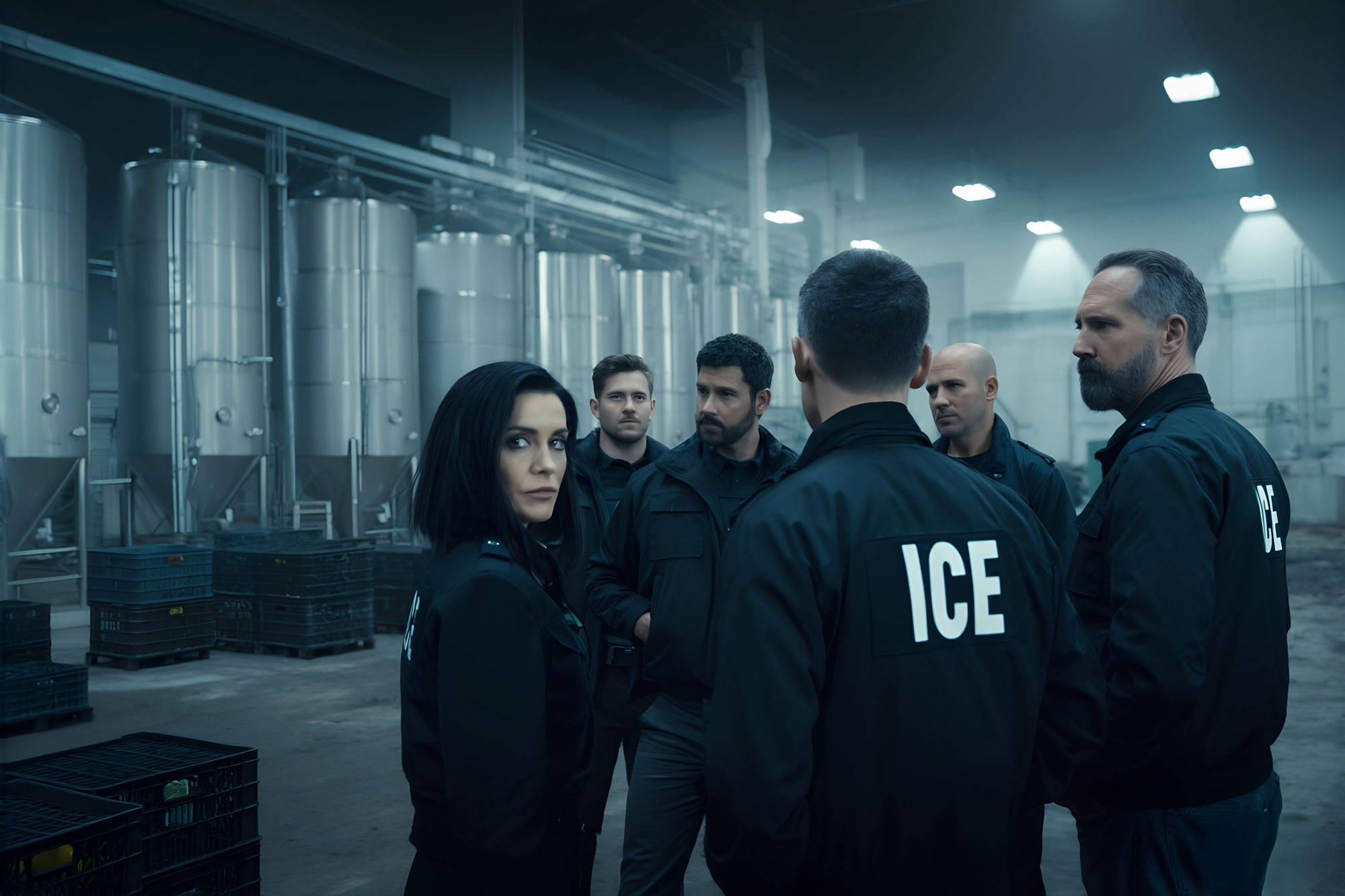 Government ICE immigration agents stand huddles in an empty factory