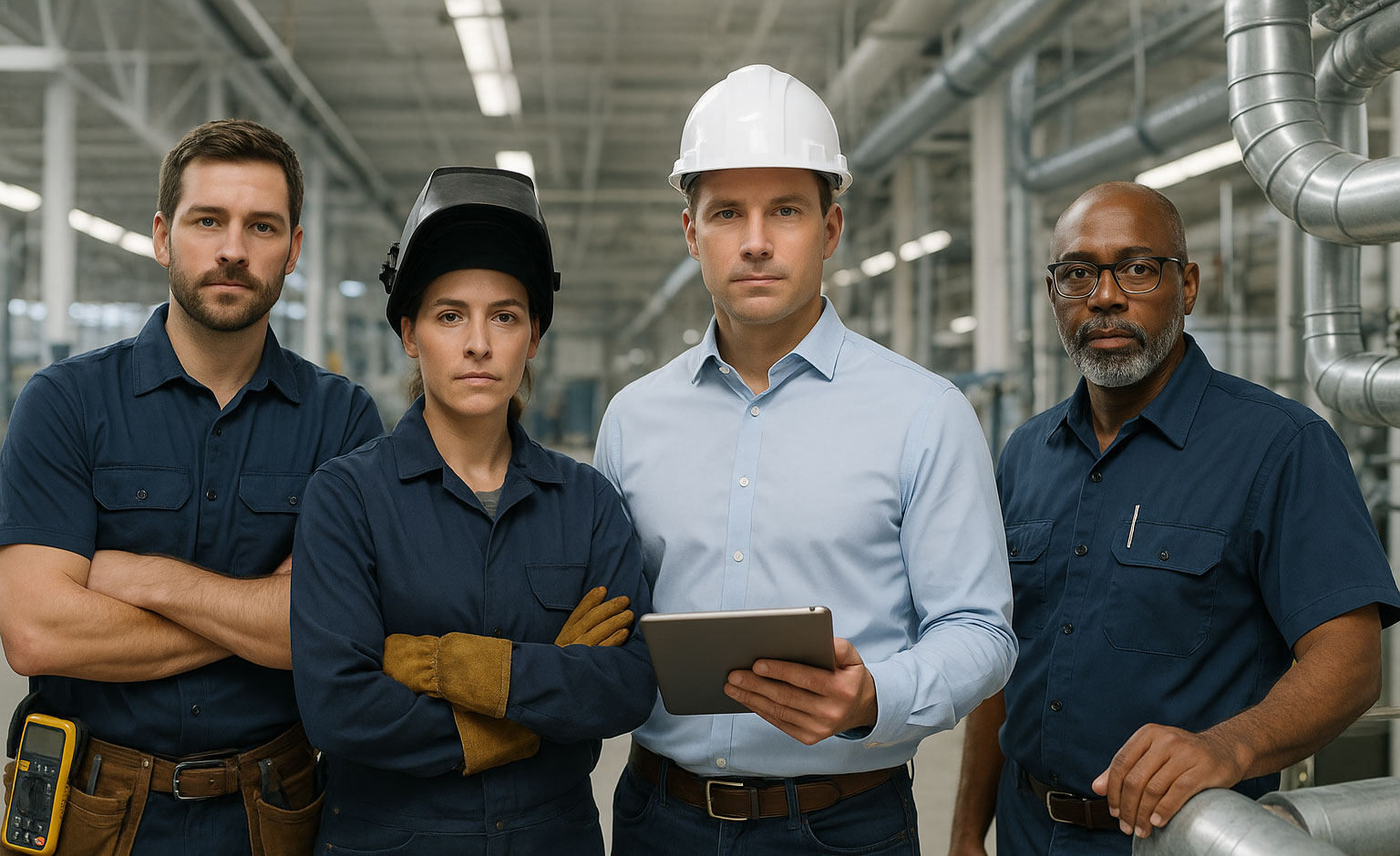 Individuals in varied skilled trades roles (electrician, welder, construction manager with hardhat and tablet, HVAC tech working on piping).