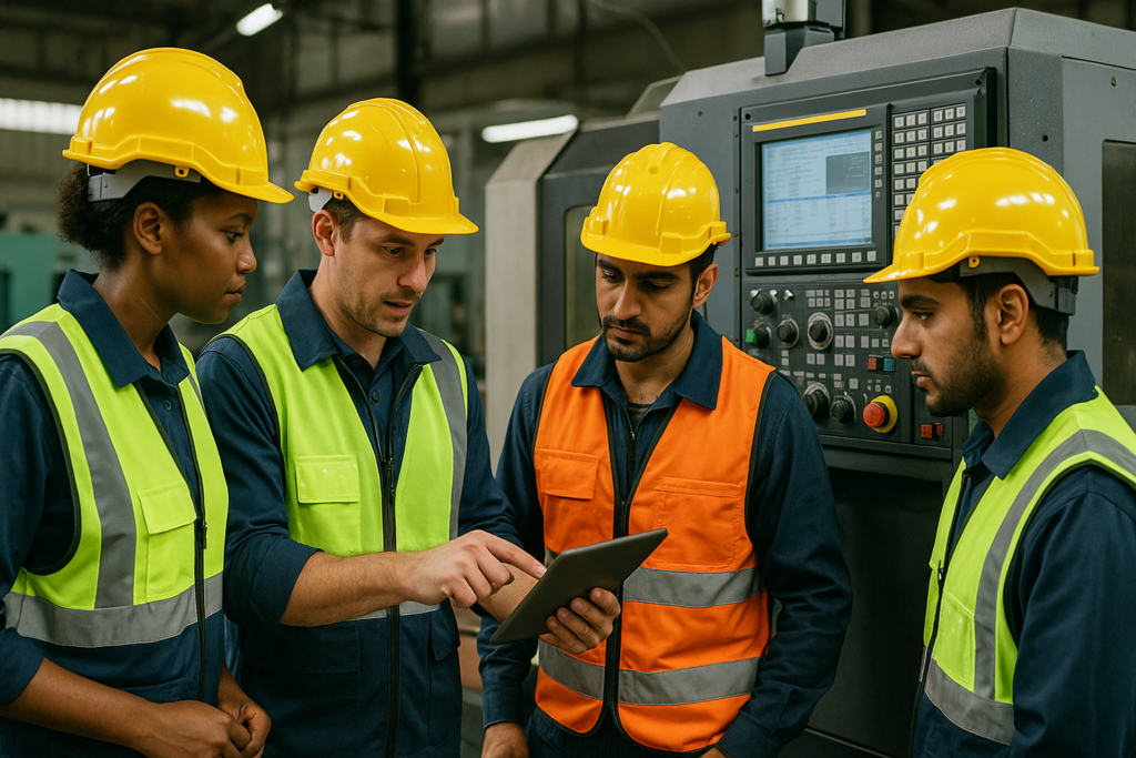 Workers clustered around a CNC machine as an instructor demonstrates controls on a tablet.