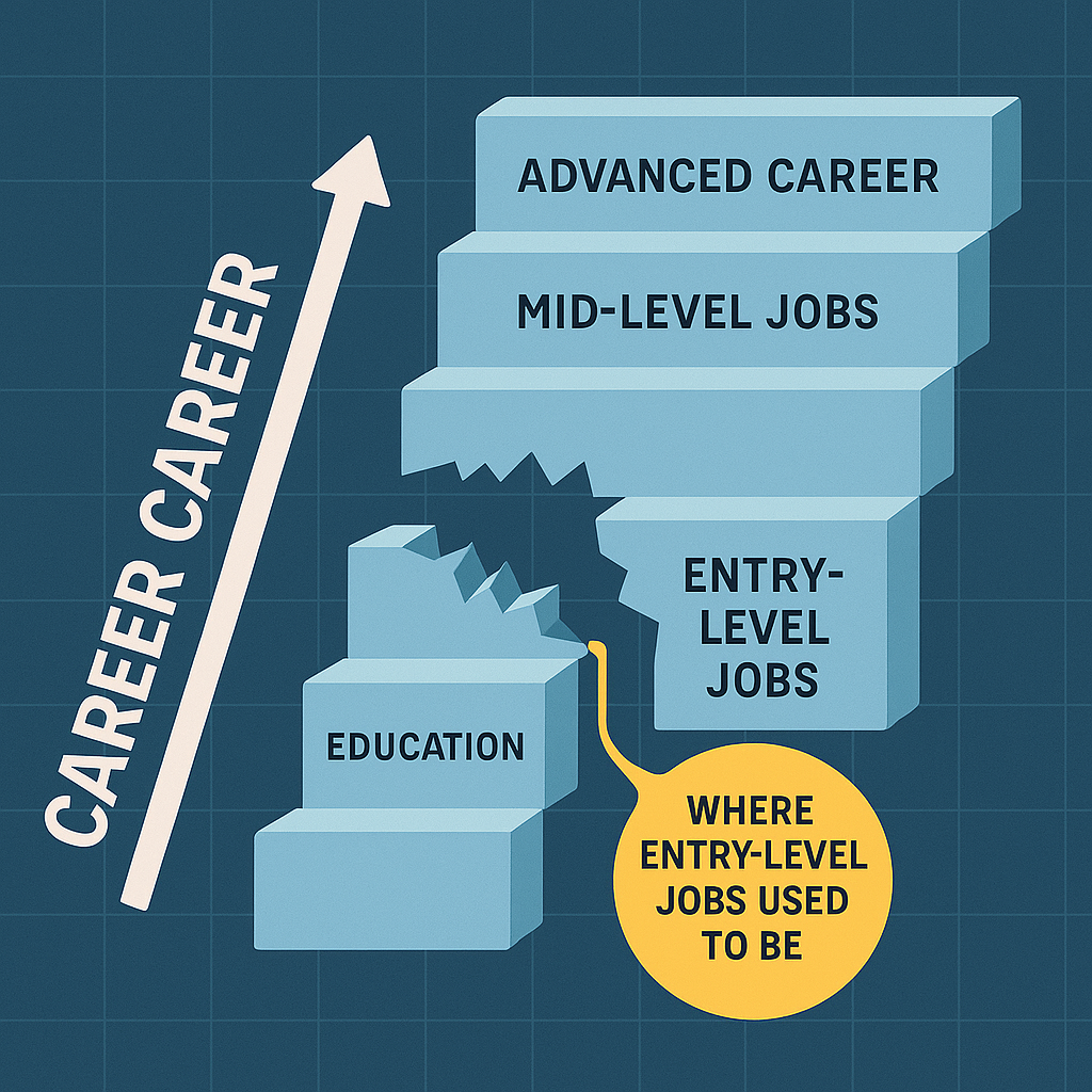 Digital infographic of a career ladder with a missing entry-level step, symbolizing job disruption in the manufacturing industry