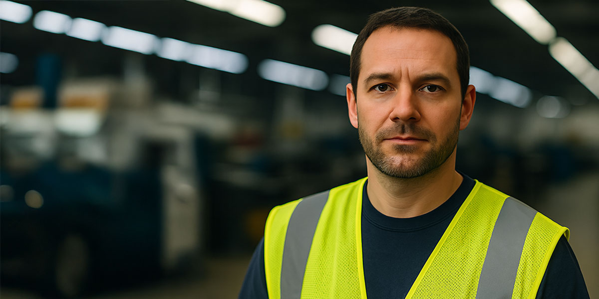 male worker close up in factory. he's wearing a safety vest and looking at the camera.