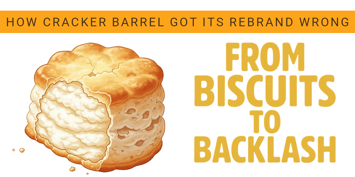 image of an illustrated biscuit with a bite taken out of it and the title "from busicuits to backlash - how cracker barrel got its rebrand wrong"