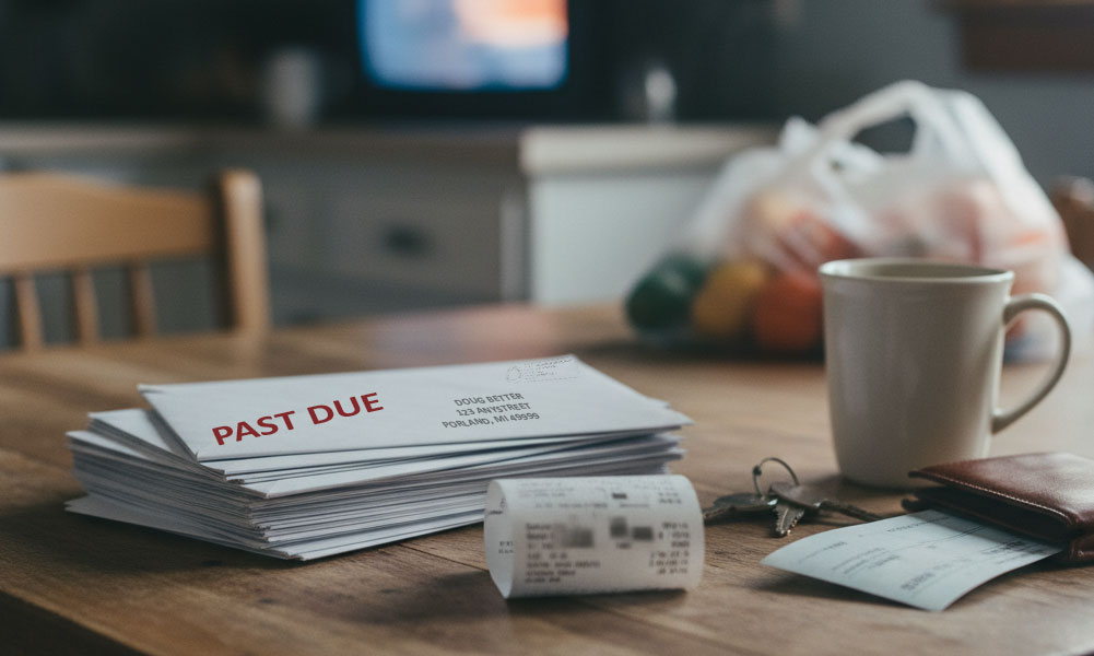 stack of deliquent bills on a kitchen table with a bag of groceries and a tv out of focus in background
