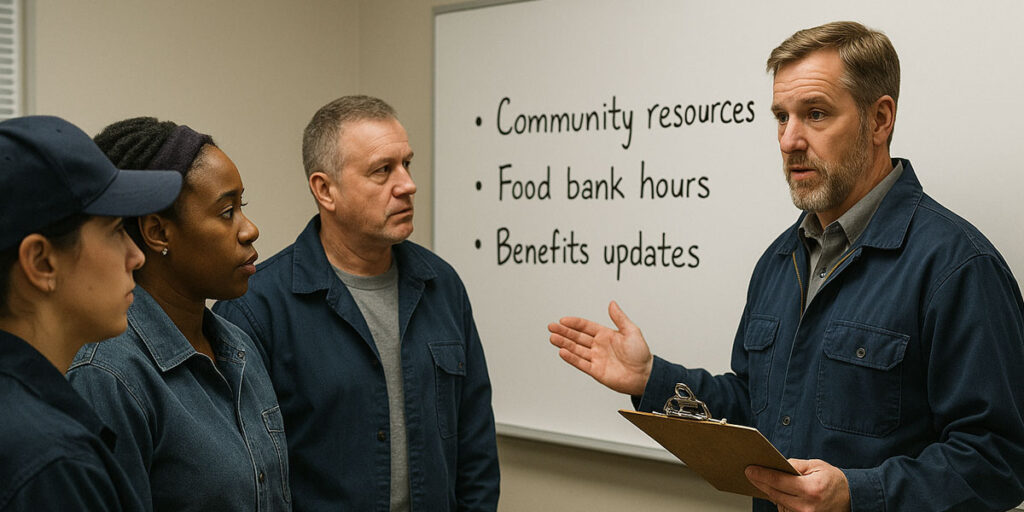 A factory supervisor stands in front of a whiteboard labeled “Community resources, Food bank hours, Benefits updates,” speaking to three workers in uniforms. The group appears serious and attentive, suggesting a meeting about support programs or workplace resources.