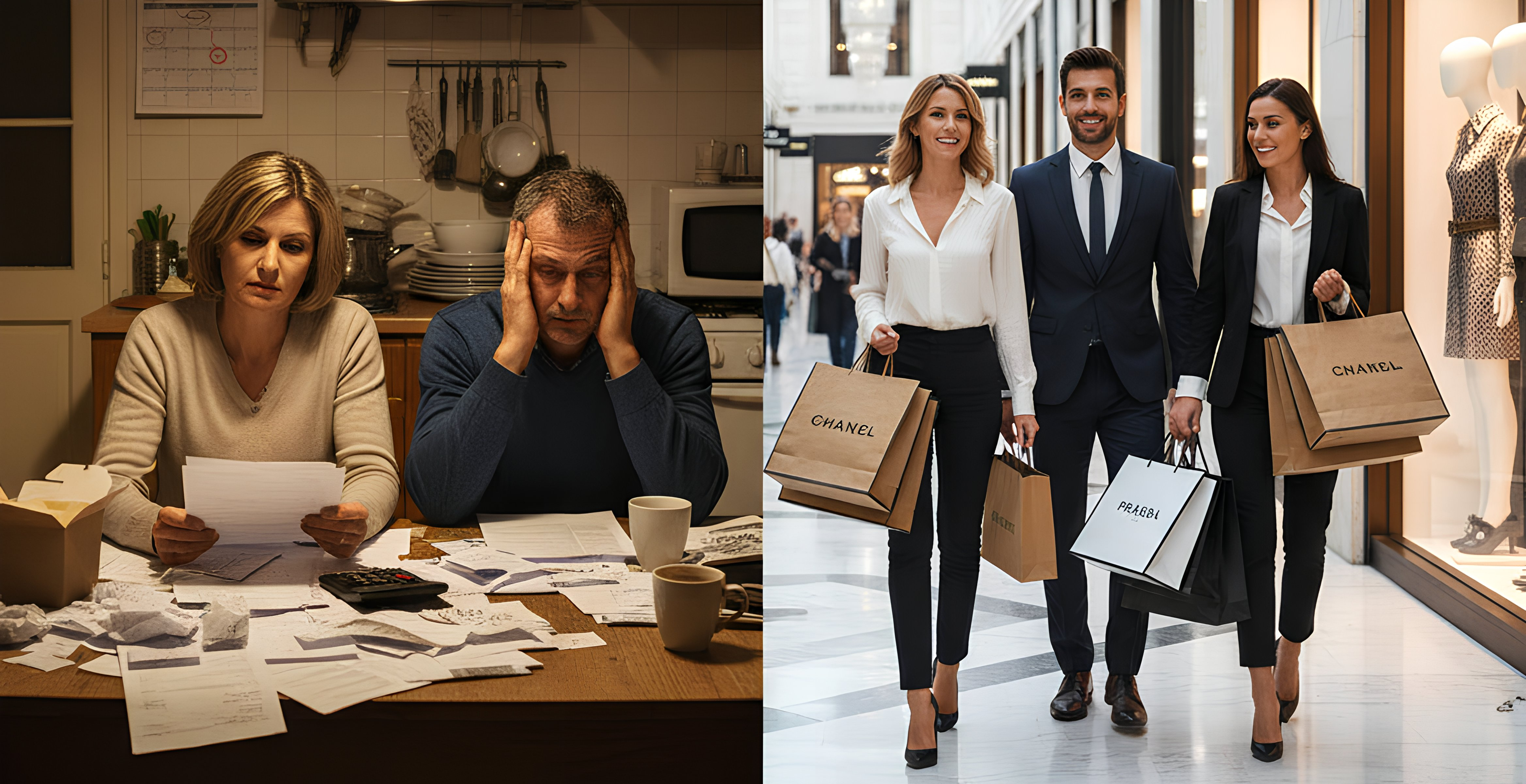 A vertical split-screen image contrasting economic hardship and affluence. Left: A middle-aged couple sits at a dimly lit, cluttered kitchen table covered in bills and receipts, both with worried expressions. Right: A smiling, well-dressed group (one man, two women) walks confidently through a bright, luxurious shopping arcade, carrying designer bags from brands like Chanel and Prada.
