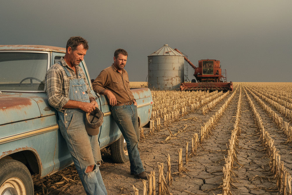 A wide, cinematic shot depicts two weathered Midwestern farmers leaning against a rusty, light blue pickup truck in a drought-stricken cornfield. The field stretches endlessly behind them, rows of stunted, brown cornstalks rising from parched, cracked earth. A hazy, muted sky hangs overhead, with a faint, darker storm front building on the distant horizon. One farmer, in faded overalls and a plaid shirt, holds a worn baseball cap, his gaze directed downwards. The other, in a work shirt and jeans, looks directly towards the viewer with a somber expression. In the middle ground, a dormant combine harvester and a rusting grain silo sit idle under the oppressive sky, emphasizing the scene's quiet desolation and the farmers' uncertain resilience.