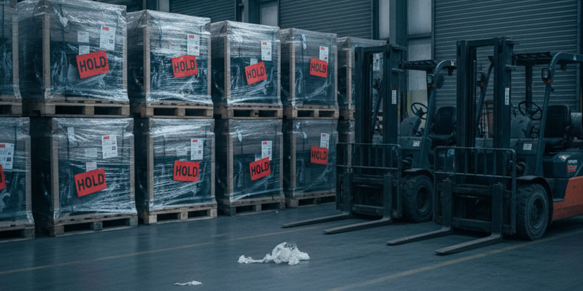 A quiet auto plant shipping dock at midday. Shrink-wrapped pallets with 'HOLD' labels are stacked in rows. A clipboard in the foreground reads 'EPA permit on hold'. Several forklifts are idle near closed dock doors, and a wall clock shows 12:00 noon.