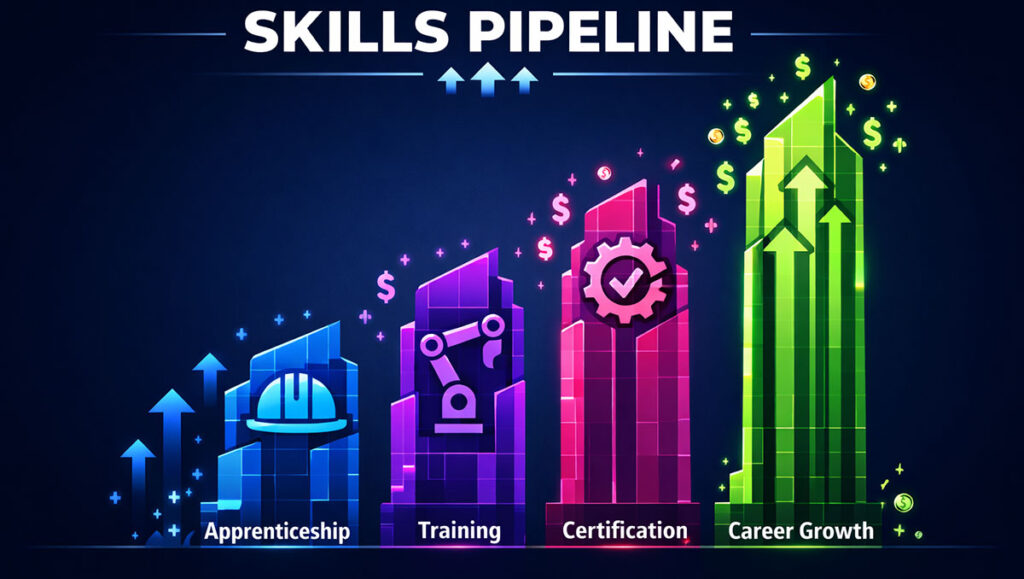 a stepping stone of images moving from apprentice, to training, certification, and career growth.