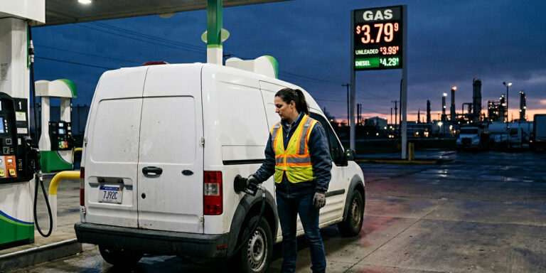 womain in a safety vest fills a small cargo van with gas at the pump on an early morning. A refinery sits in the distant background and a gas sign with the price of gas reading $3.79 is present insinuating high gas prices.
