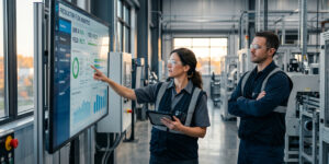 Two manufacturing professionals review real-time production flow analytics on a large digital display inside a modern Michigan manufacturing facility, representing the intersection of skilled workforce management and AI-driven operational data."