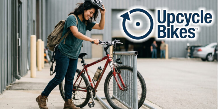 20 year old woman parks her red bike in a bike rack at a warehouse facility.