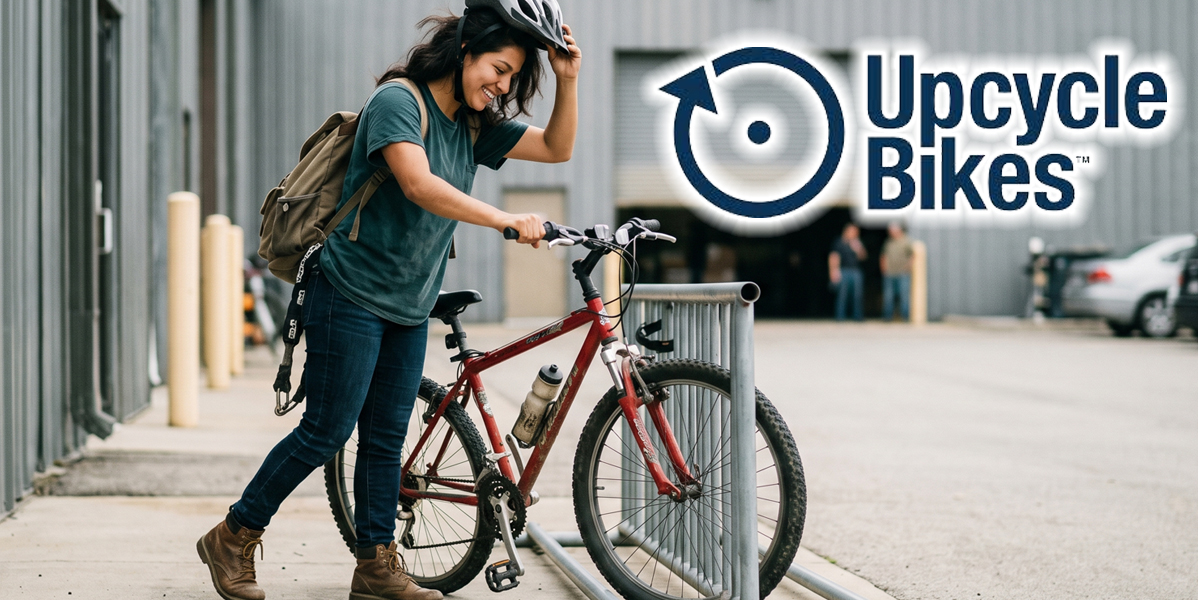 20 year old woman parks her red bike in a bike rack at a warehouse facility.