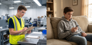 A photorealistic, split-composition landscape image contrasting productivity and idleness. On the left half, a focused 17-year-old male worker in a bright yellow safety vest and clear safety glasses stands at a clean industrial workbench inside a modern, organized manufacturing facility, reviewing a checklist on a clipboard. The lighting is bright and cool-toned. On the right half, a similar teenage male sits slouched on a tan couch in a suburban living room, looking down at his smartphone with a bored expression. The lighting on the right side is warm and slightly desaturated, creating a natural, cinematic contrast between the two scenes without a harsh dividing line.