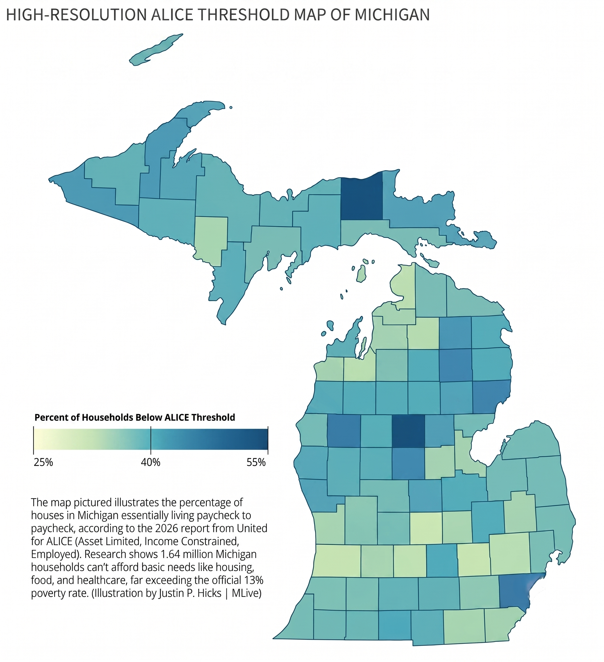 County map of Michigan shading the percentage of households below the ALICE threshold, from 25 percent to 55 percent