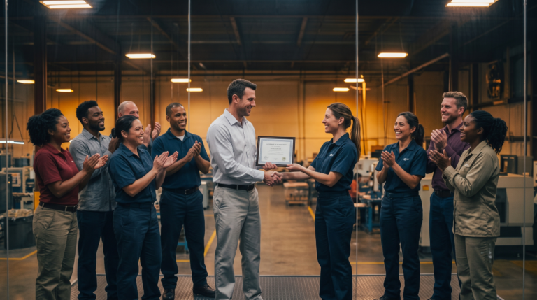 A medium-wide, eye-level shot inside a clean manufacturing facility, viewed through a clear glass partition. In the center, a male executive in a light blue dress shirt and grey slacks stands on a low platform, shaking hands with a young woman in dark blue industrial work clothes while presenting her with a framed certificate. They are flanked by a diverse group of coworkers in shop and business-casual uniforms who are smiling and applauding. The background features bright, even factory lighting, tidy workbenches, and large industrial machinery.