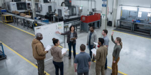 An elevated, wide-angle photograph taken from a high vantage point looks down onto a modern manufacturing factory floor, where a diverse group of seven people are gathered in a circle around a whiteboard for a meeting. In the center, a woman with dark, short-hair wearing a plaid shirt and jeans points to a whiteboard that has "hazard Board" and a simple diagram on it. Facing her are six other people: two other women and four men of varying ethnicities. Most of the attendees are holding papers and listening attentively. One woman on the right has her hand raised. They are all wearing casual but professional work clothes, such as jackets, hoodies, and polo shirts. The concrete floor of the factory is marked with yellow lines. In the background are various pieces of industrial machinery, including large grey CNC machines, conveyor belts, and open-front shelves with blue storage bins on the right side. A metal storage rack with tools is also visible. The large, open industrial space is brightly lit.