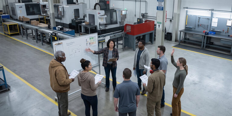 An elevated, wide-angle photograph taken from a high vantage point looks down onto a modern manufacturing factory floor, where a diverse group of seven people are gathered in a circle around a whiteboard for a meeting. In the center, a woman with dark, short-hair wearing a plaid shirt and jeans points to a whiteboard that has "hazard Board" and a simple diagram on it. Facing her are six other people: two other women and four men of varying ethnicities. Most of the attendees are holding papers and listening attentively. One woman on the right has her hand raised. They are all wearing casual but professional work clothes, such as jackets, hoodies, and polo shirts. The concrete floor of the factory is marked with yellow lines. In the background are various pieces of industrial machinery, including large grey CNC machines, conveyor belts, and open-front shelves with blue storage bins on the right side. A metal storage rack with tools is also visible. The large, open industrial space is brightly lit.