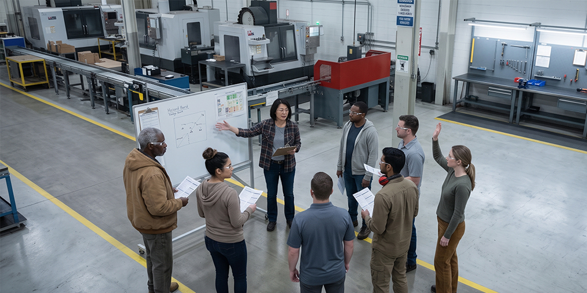 An elevated, wide-angle photograph taken from a high vantage point looks down onto a modern manufacturing factory floor, where a diverse group of seven people are gathered in a circle around a whiteboard for a meeting. In the center, a woman with dark, short-hair wearing a plaid shirt and jeans points to a whiteboard that has "hazard Board" and a simple diagram on it. Facing her are six other people: two other women and four men of varying ethnicities. Most of the attendees are holding papers and listening attentively. One woman on the right has her hand raised. They are all wearing casual but professional work clothes, such as jackets, hoodies, and polo shirts. The concrete floor of the factory is marked with yellow lines. In the background are various pieces of industrial machinery, including large grey CNC machines, conveyor belts, and open-front shelves with blue storage bins on the right side. A metal storage rack with tools is also visible. The large, open industrial space is brightly lit.