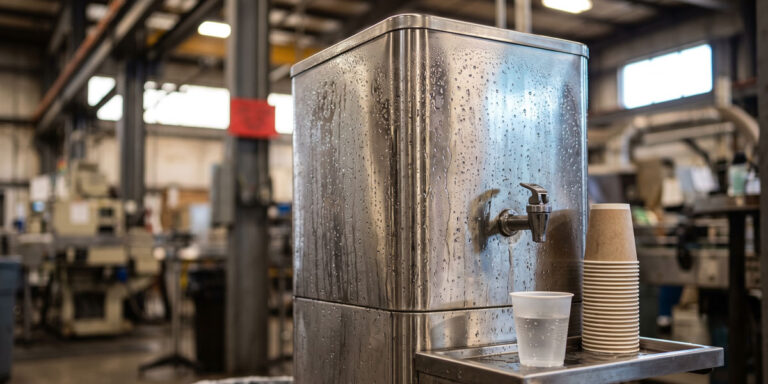close-up shot of a stainless steel water cooler dispenser on a factory floor. Heavy condensation and water droplets bead down the metal surface of the tank. Next to the dispenser tap is a tall stack of small disposable paper cups, with one translucent cup filled with water sitting in the foreground on the metal tray. The background is a softly blurred, shallow-depth-of-field view of an industrial manufacturing plant, featuring steel pillars, distant machinery, warm overhead lighting, and a small red sign acting as a color accent.