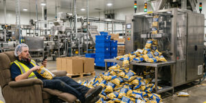 production associate relaxing in the recliner with his smartphone and chips while the vertical bagging machine continuously operates, resulting in the specified cascade of chip bags overflowing onto the floor and surrounding him