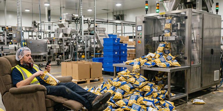 production associate relaxing in the recliner with his smartphone and chips while the vertical bagging machine continuously operates, resulting in the specified cascade of chip bags overflowing onto the floor and surrounding him