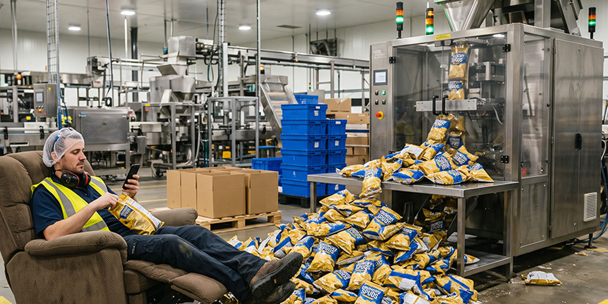 production associate relaxing in the recliner with his smartphone and chips while the vertical bagging machine continuously operates, resulting in the specified cascade of chip bags overflowing onto the floor and surrounding him
