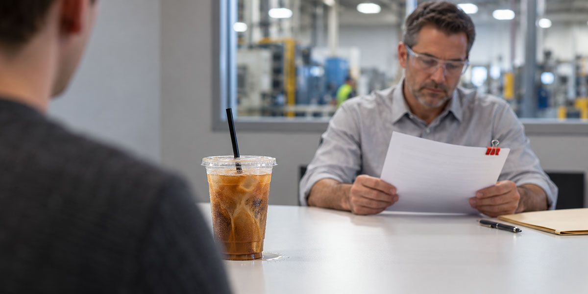 candidate sits foregraound with a big iced cofee on the table while factory manager reviews his resume in background soft focus.