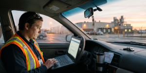 A manufacturing worker in a high-visibility vest and safety glasses sits in the driver's seat of a parked car at dawn, looking intently at an open laptop resting against the steering wheel, with an industrial plant visible through the windshield.